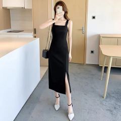 2025 new strap skirt summer temperament slim suspender dress for women summer inner wear mid-length slit black