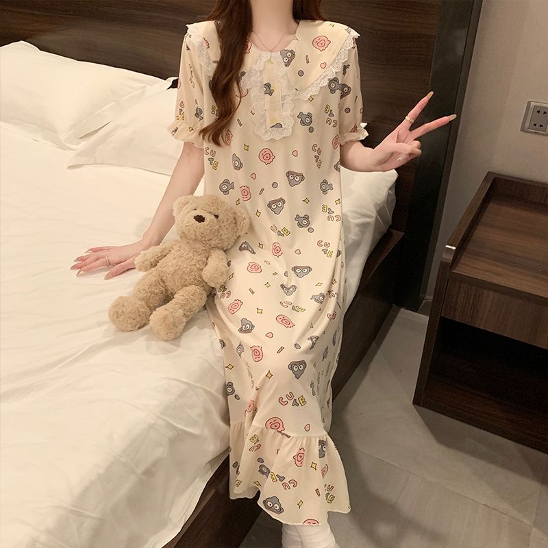 Summer imitation cotton round neck lace lace short-sleeved nightgown female princess style sweet home clothes skirt