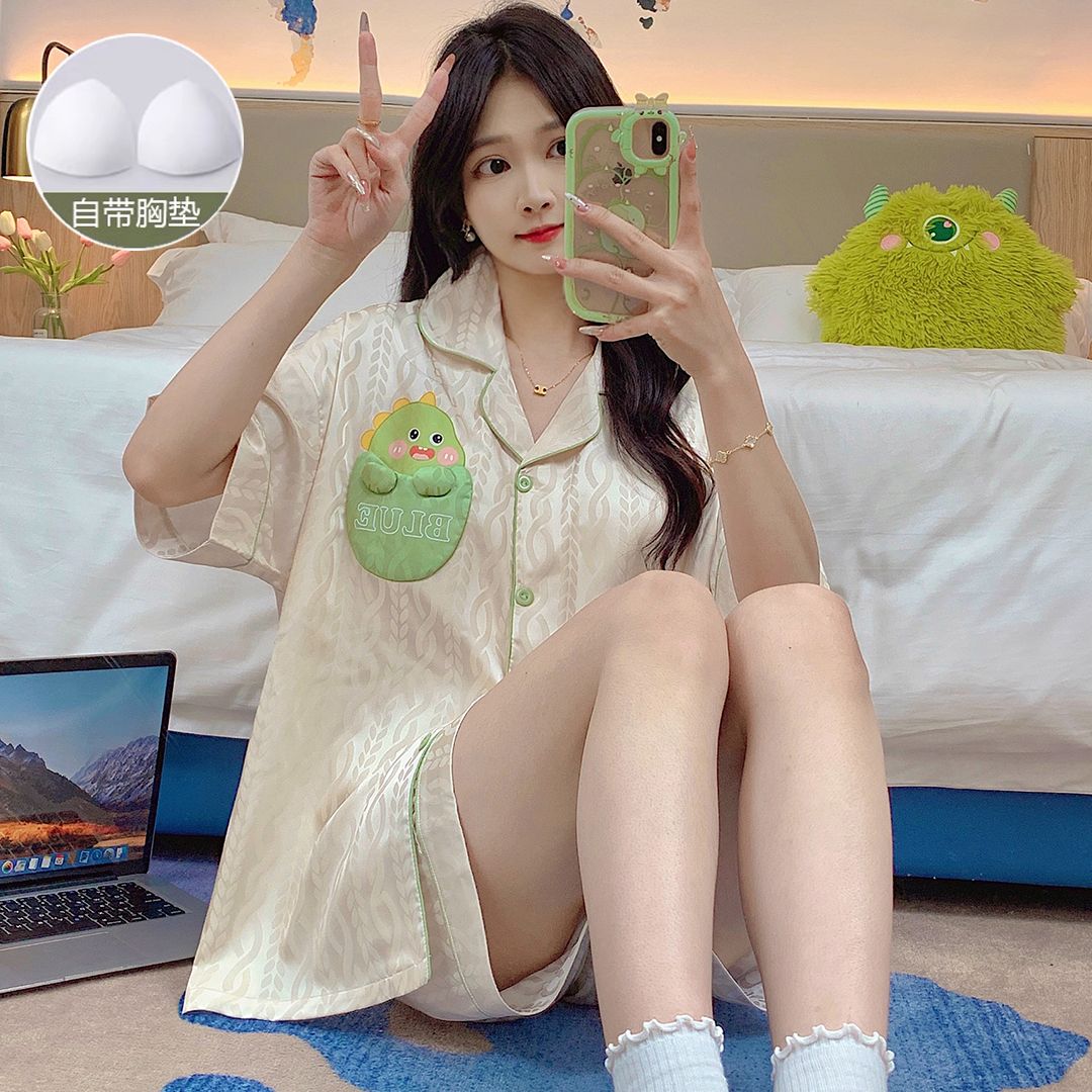 Summer imitation silk jacquard with chest pad lapel cardigan shorts shorts pajamas women's suit