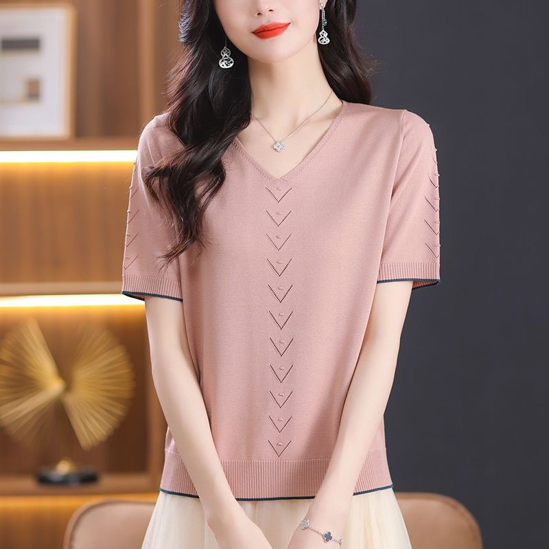 Ice silk short-sleeved women's new T-shirt for women in summer thin loose mother's suit hollow knitted hollow V-neck top for women