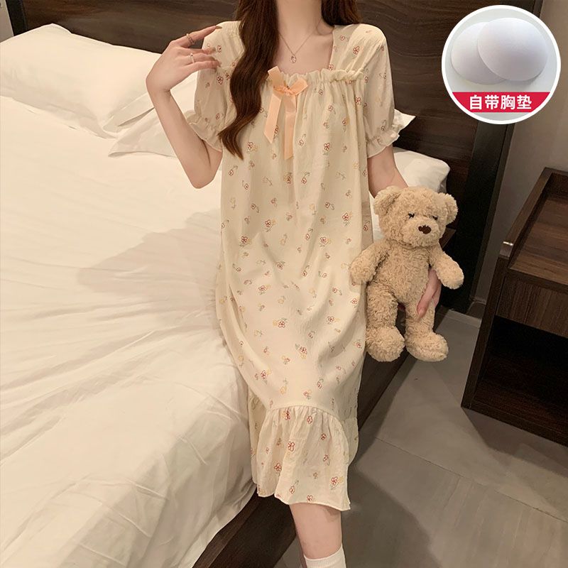 Summer cloud cotton with chest pad one-shoulder short-sleeved nightgown ladies princess style home clothes