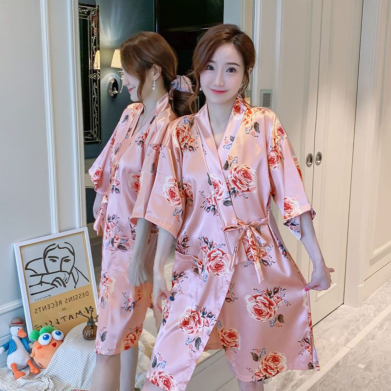 Summer imitation silk quarter sleeve kimono robe women's nightgown home clothes sexy bathrobe live broadcast