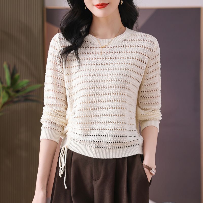 New spring hollow sweater for women round neck base shirt thin mother sweater loose versatile short top for women