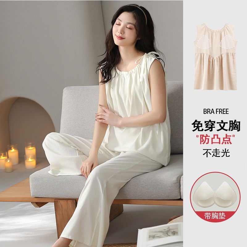 Summer cloud cotton with chest pad sleeveless short-sleeved trousers pajamas women's suit home clothes