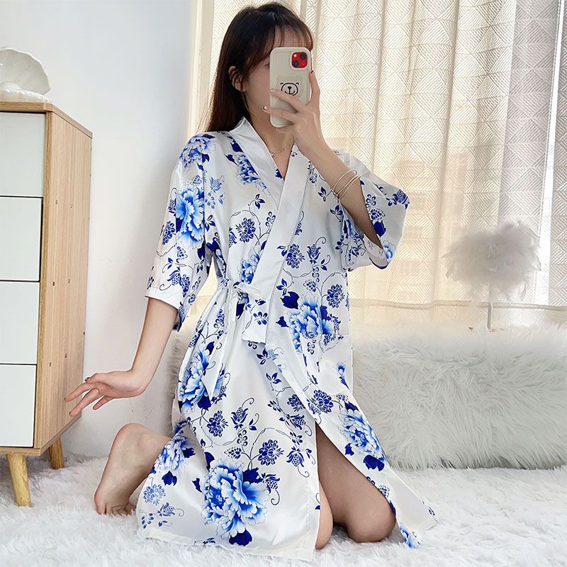 Summer imitation silk quarter sleeve kimono robe women's nightgown home clothes sexy bathrobe live broadcast