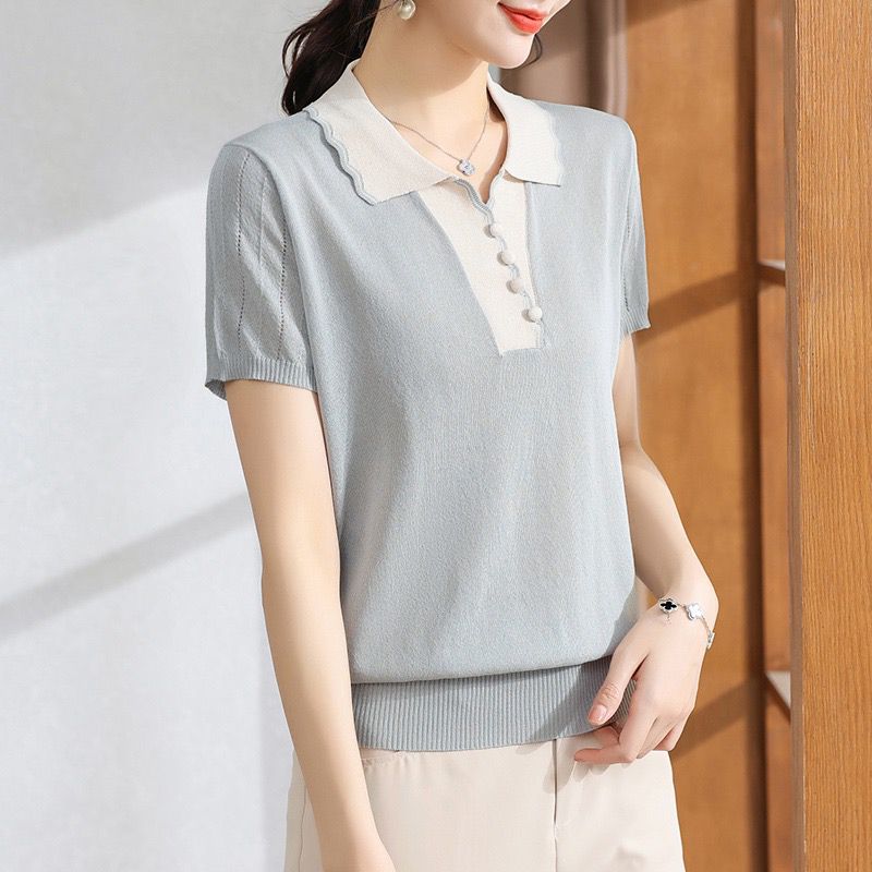 Fashionable age-reducing large-size sweater lapel ice silk meat covering new style middle-aged and elderly summer short-sleeved T-shirt loose top