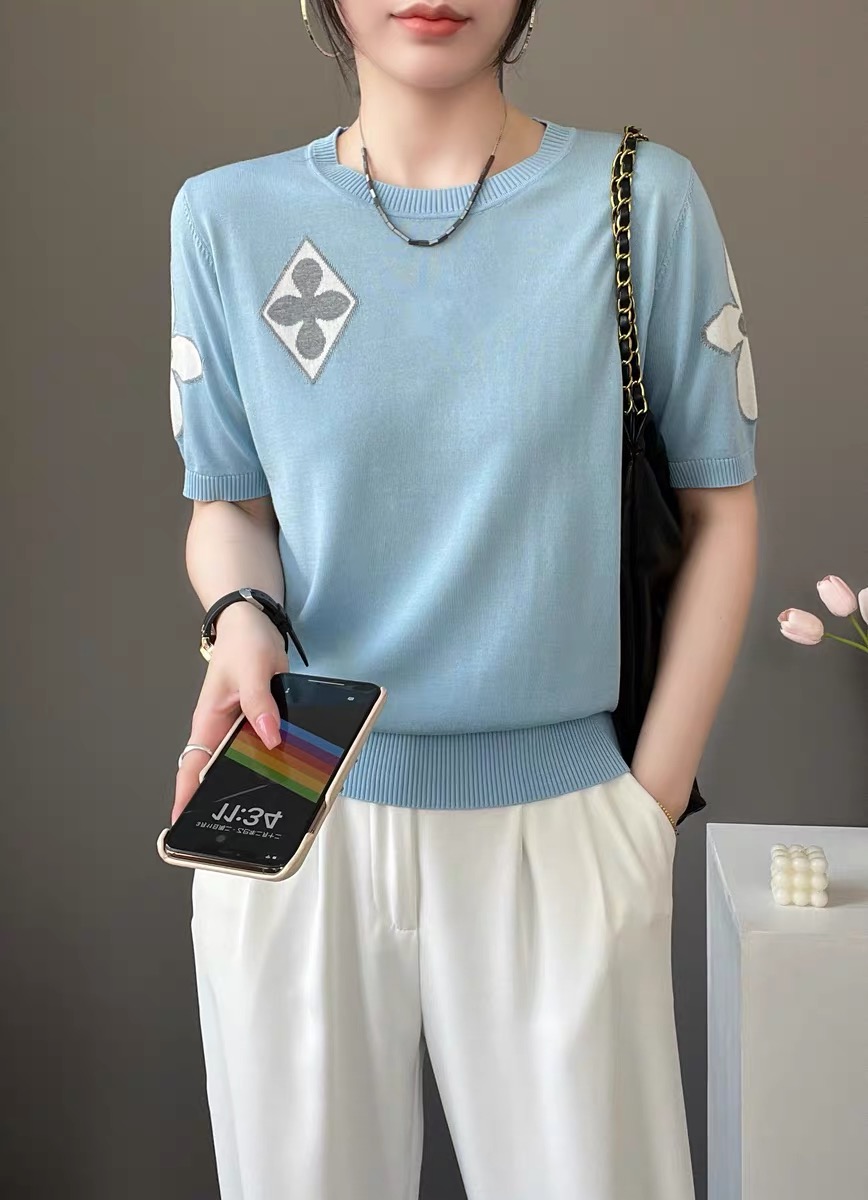 2025 summer new European products loose round neck flower jacquard fashionable high-end versatile short-sleeved sweater top