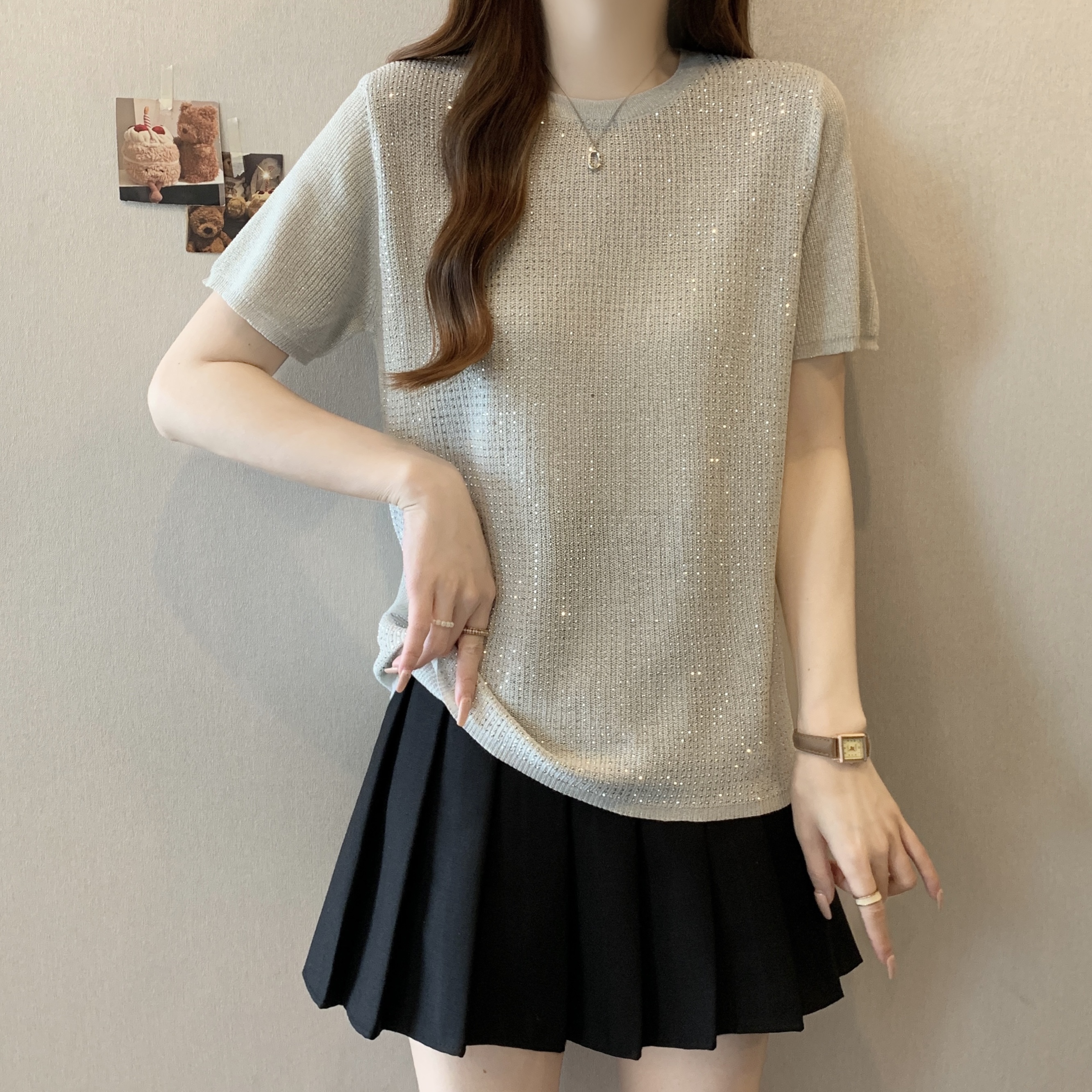 Real shot of large size fat MM slim round neck versatile fashionable shiny hot diamond short-sleeved knitted sweater
