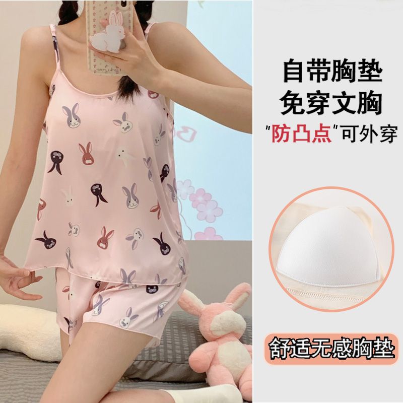 Summer ice and snow ribbon chest pad sexy suspender shorts pajamas women's suit home clothes