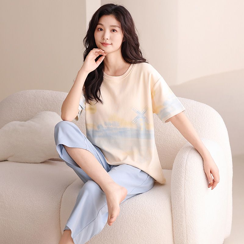 Summer knitted cotton 6535 round neck short sleeve cropped pants pajamas women's suit casual home clothes