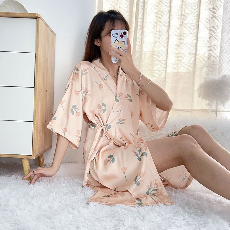 Summer imitation silk quarter sleeve kimono robe women's nightgown home clothes sexy bathrobe live broadcast