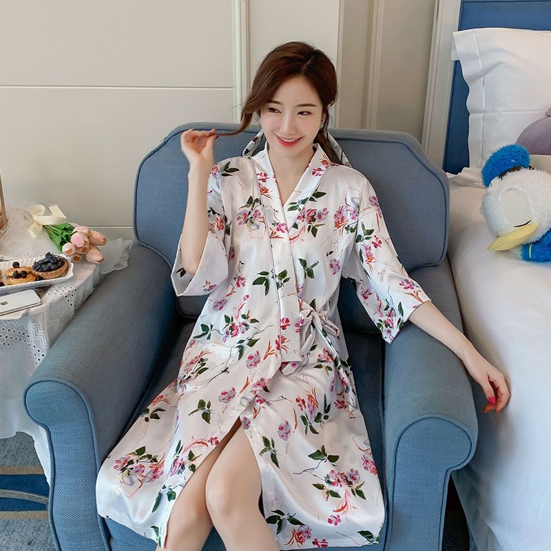 Summer imitation silk quarter sleeve kimono robe women's nightgown home clothes sexy bathrobe live broadcast