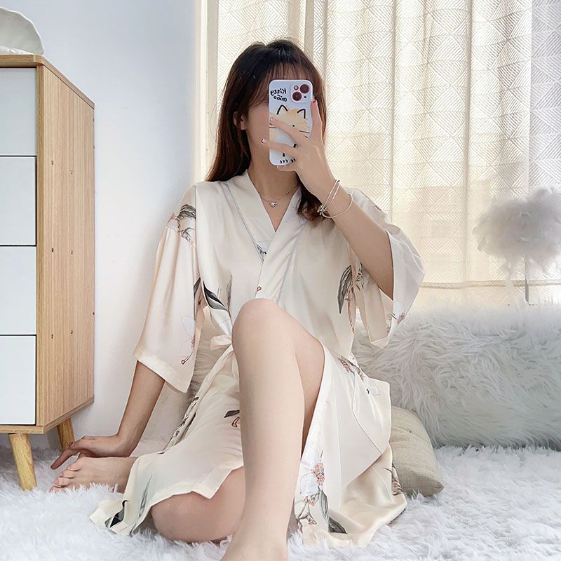 Summer imitation silk quarter sleeve kimono robe women's nightgown home clothes sexy bathrobe live broadcast