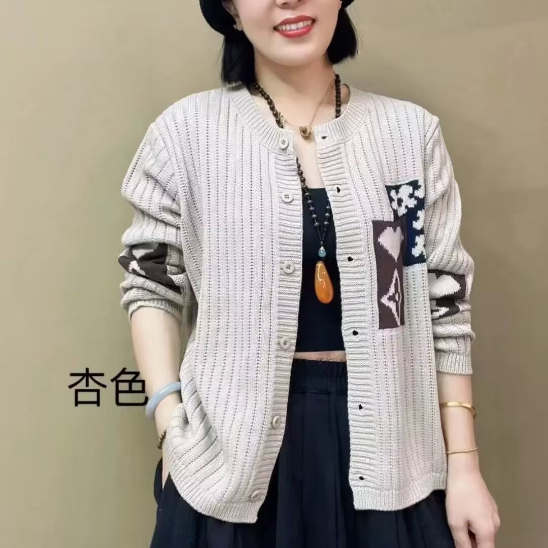 Early spring and autumn cotton thread buckle long sleeve round neck knitted cardigan literary casual top temperament short sweater jacket