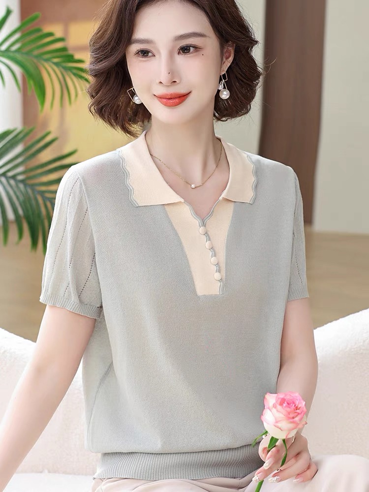 Mom's fashionable knitted shirt lapel ice silk top new style middle-aged and elderly summer short-sleeved T-shirt loose base