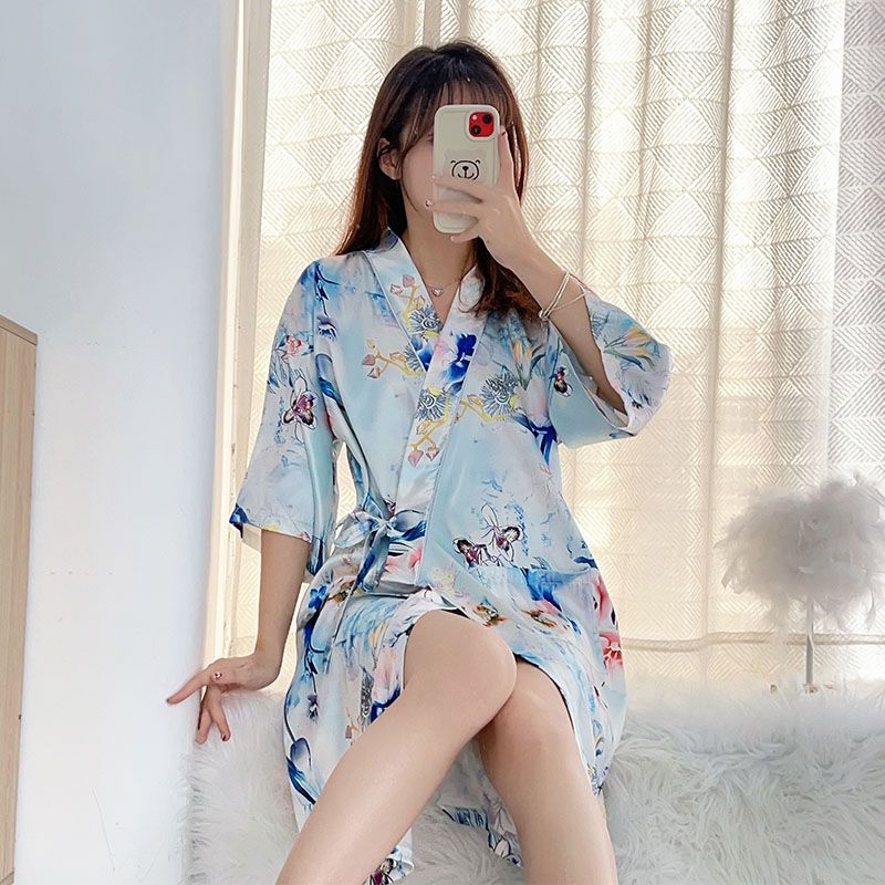 Summer imitation silk quarter sleeve kimono robe women's nightgown home clothes sexy bathrobe live broadcast
