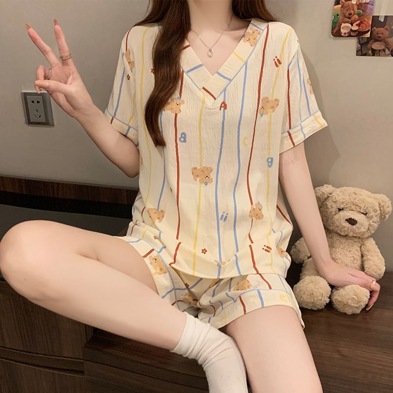 Summer cloud cotton V-neck short-sleeved shorts pajamas women's suit comfortable and casual home clothing