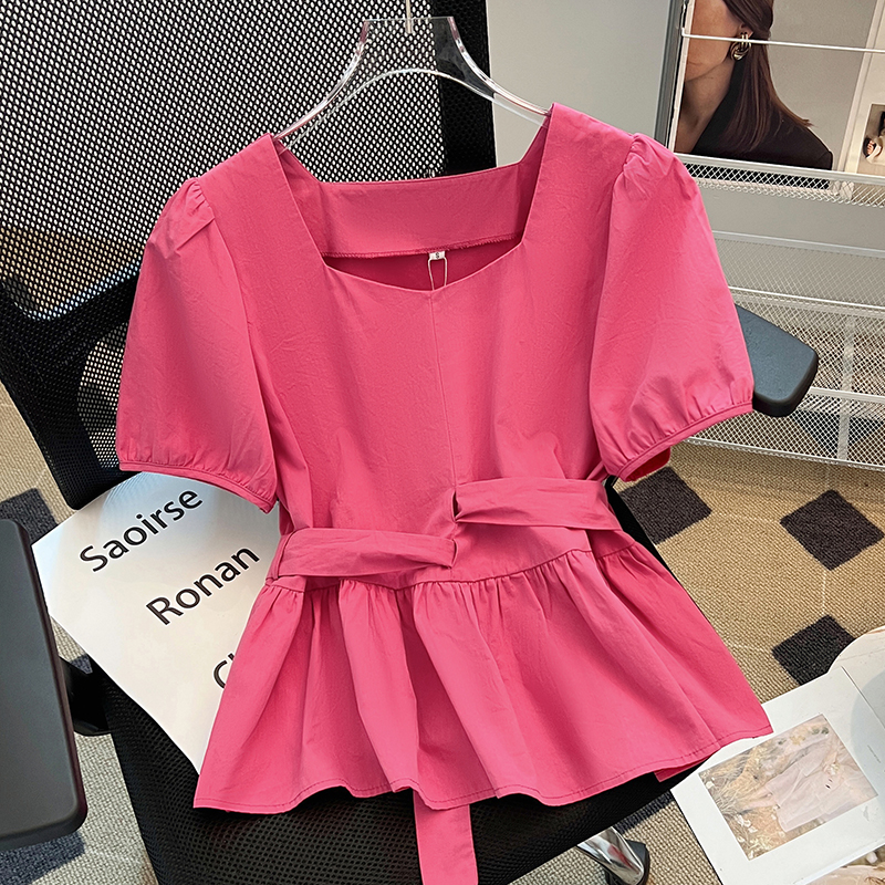 Real shot of new summer design niche French chic temperament square collar puff sleeve top for women