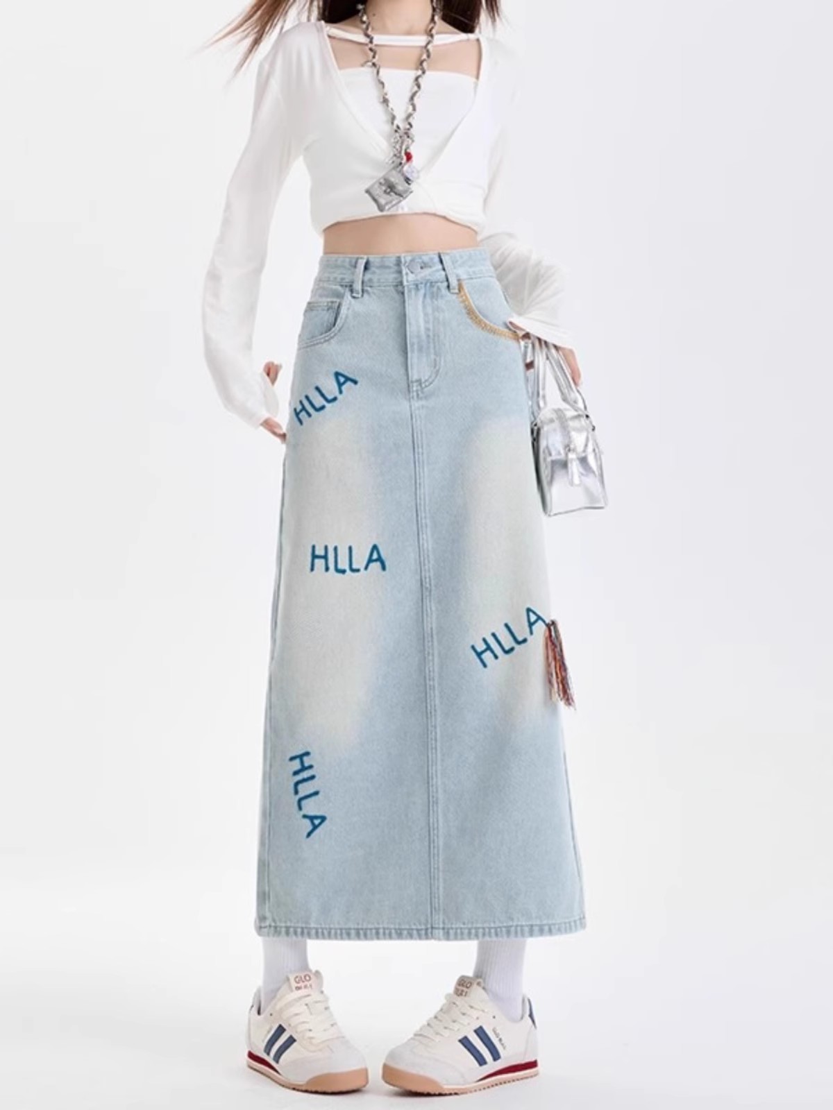 MZVZ light blue letter embroidered denim skirt for women in spring high waist slim A-line slit mid-length skirt