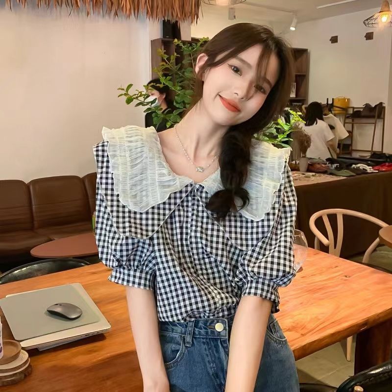 法式夏季娃娃領襯衫女高級感別致很仙的上衣設計感小眾t恤格紋