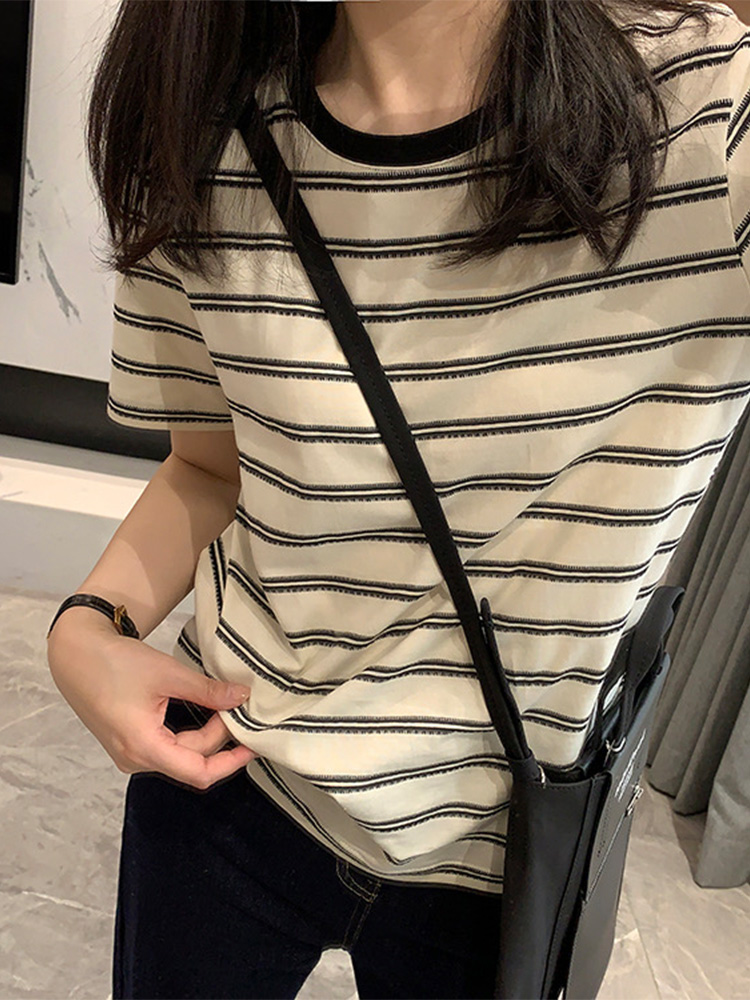潮牌條紋短袖針織t恤女2025夏季新款韓版純棉寬鬆大版半袖上衣服