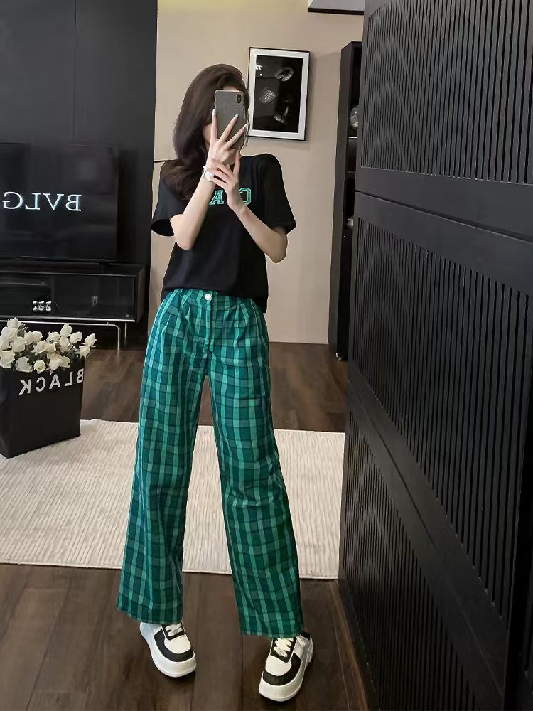 個性時尚減齡穿搭寬鬆大碼格子褲兩件套女裝夏季薄款短袖上衣套裝