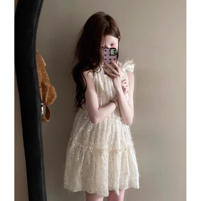 Bow tied sequin neck halter dress for women summer temperament high-end princess doll skirt sleeveless birthday skirt