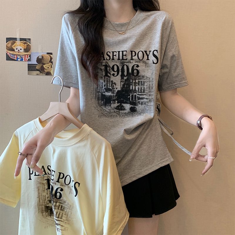 實拍 印花抽繩灰色短袖T恤女夏季新款小眾寬鬆顯瘦上衣