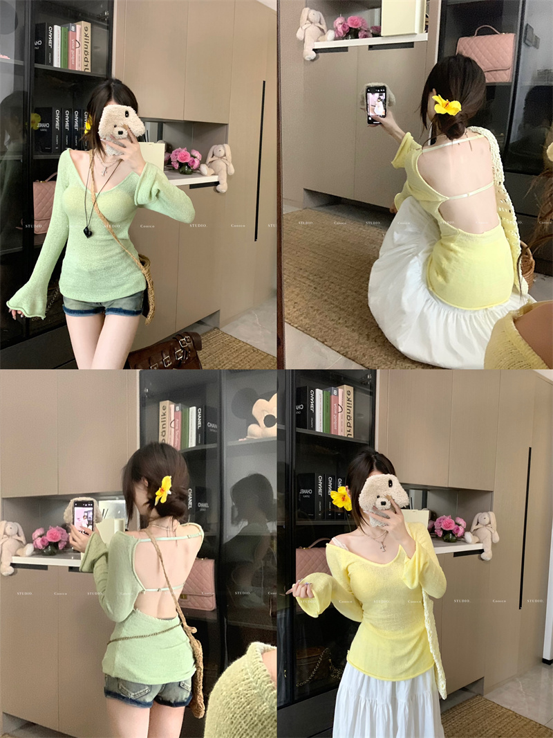 Real shot of large backless V-neck top for women with slightly transparent flared sleeves knitted T-shirt