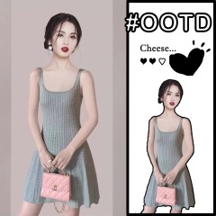 撤回尾單外貿輕奢夏季女裝小香風麻花針織收腰U領吊帶連衣裙