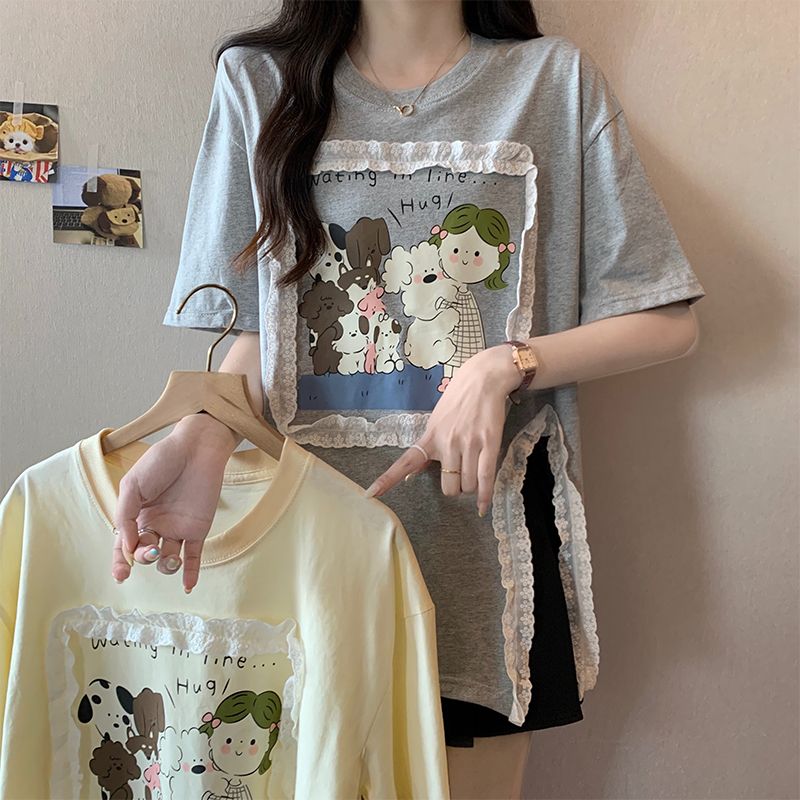 實拍 卡通印花蕾絲拼接開衩T恤女夏季新款韓系寬鬆短袖薄