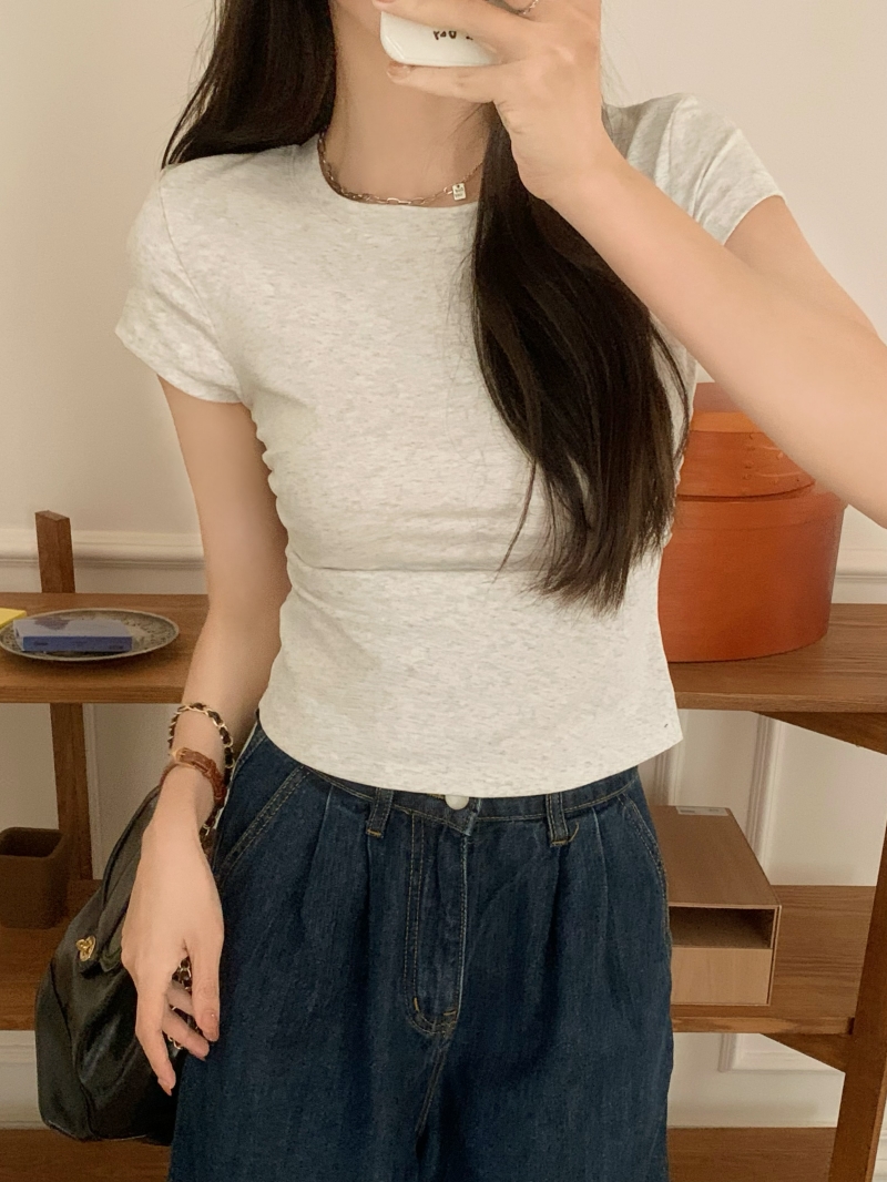 Real shot 40 pure cotton 210g 92 cotton/8 spandex waist t-shirt pleated short-sleeved women