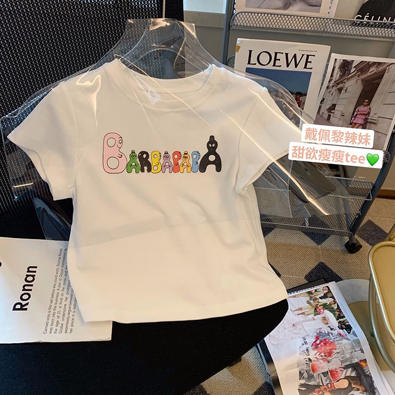Pure cotton original foreign trade Korean version rear bag collar summer new women's round neck printed slim short T-shirt for women short sleeves
