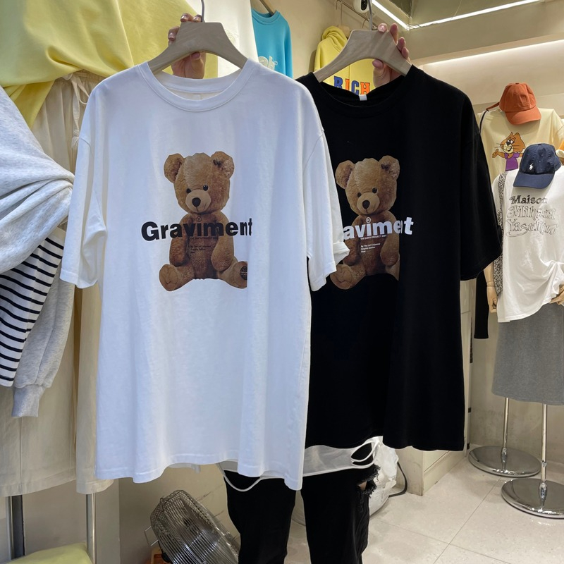 短袖t恤女夏季寬鬆韓版ins超火白色小熊圓領上衣服