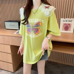 實拍~質量/純棉/後包領/中長款重工寬鬆拼接短袖T恤女夏