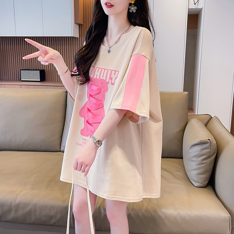| Real shot | Pure cotton 200g | Back bag collar | Mid-length contrasting color spliced ​​short-sleeved T-shirt for women