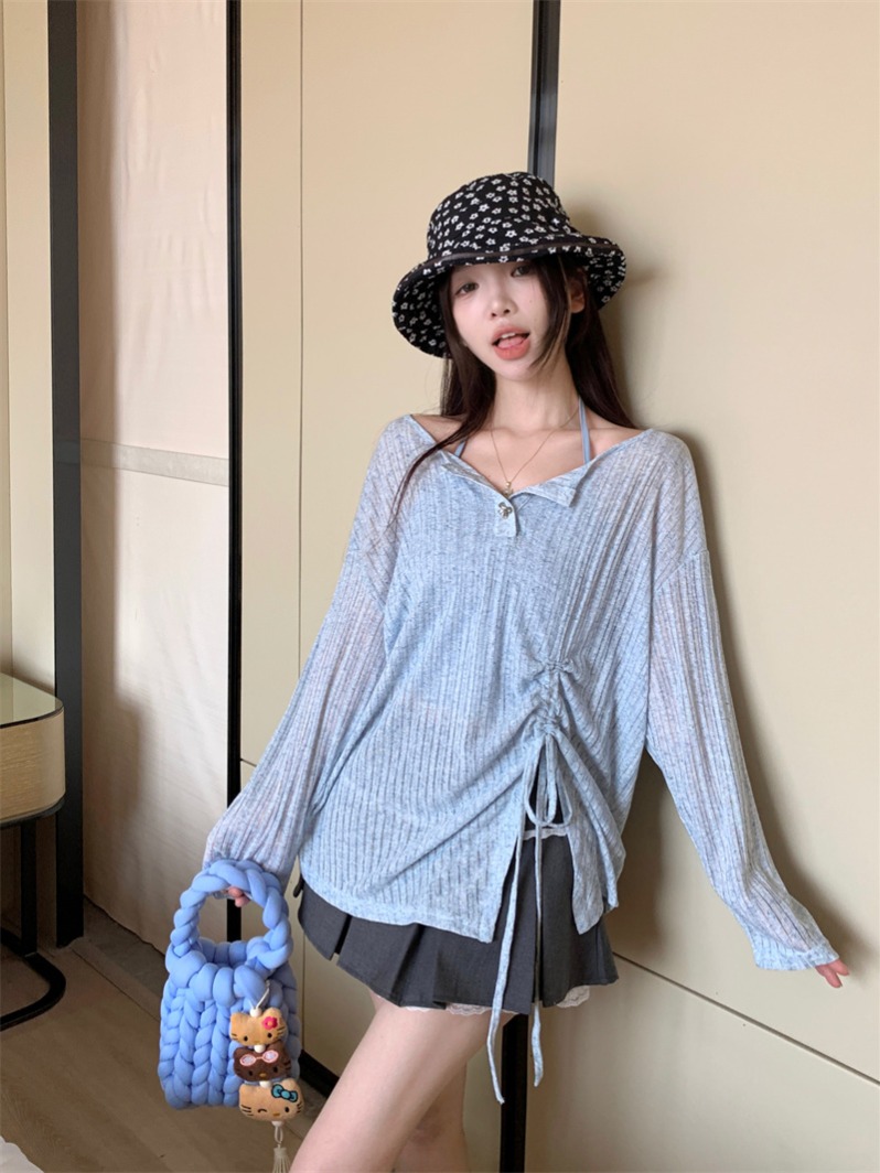 Real photo of blue long-sleeved sweater design drawstring top niche suspender skirt two-piece set