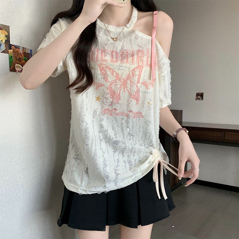 實拍 純欲露肩印花抽繩短袖T恤女設計感時尚小眾別致寬鬆上衣
