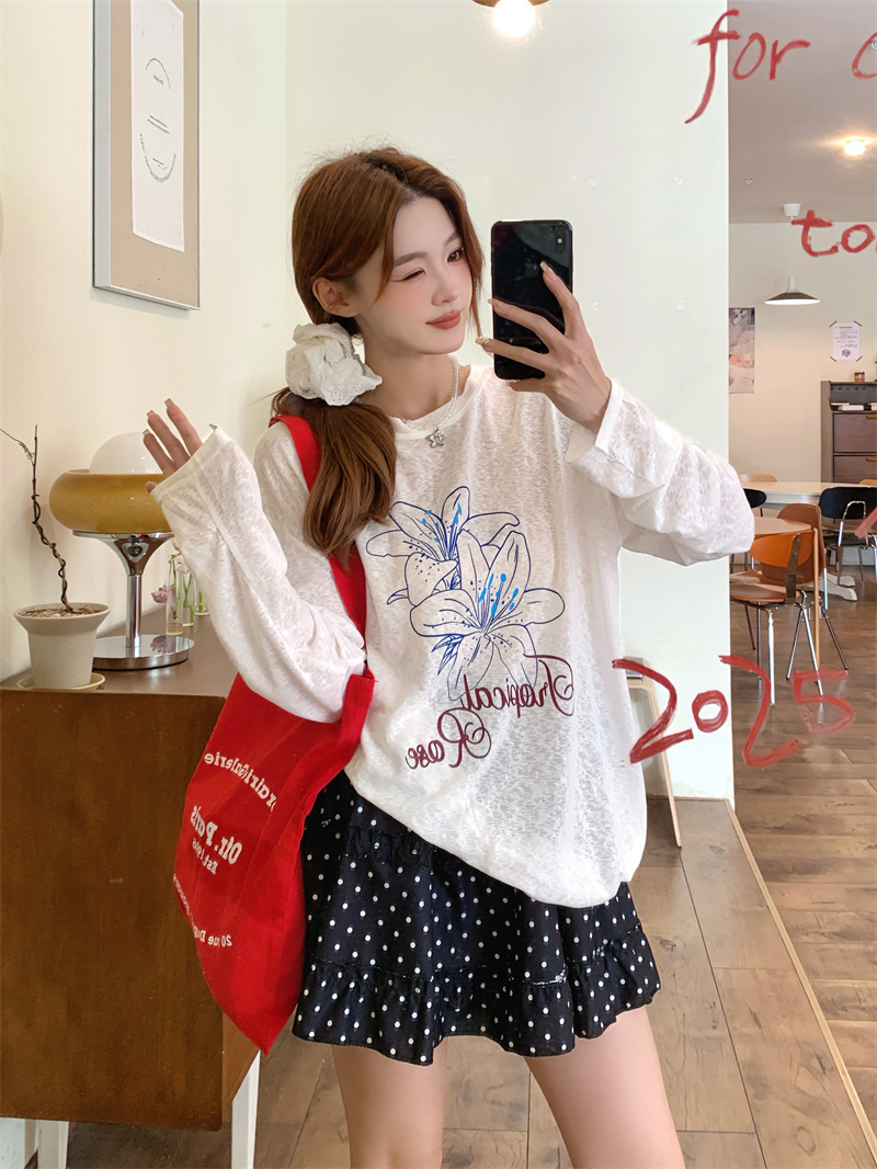 Real photo of long-sleeved T-shirt for women 2025 new summer blouse, shoulder loose design, chic Korean top