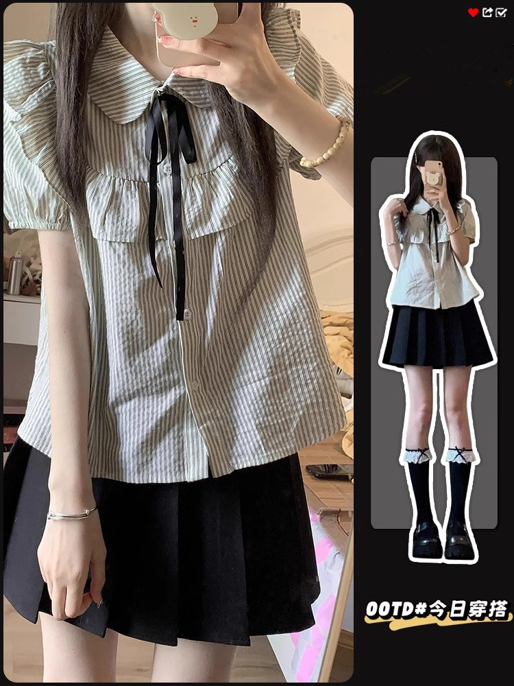 College style striped ruffle puff sleeve shirt for women in early autumn sweet design small slim short top