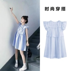 French chic sweet design sense ruffled spliced ​​blue flying sleeve dress for women small sleeveless skirt
