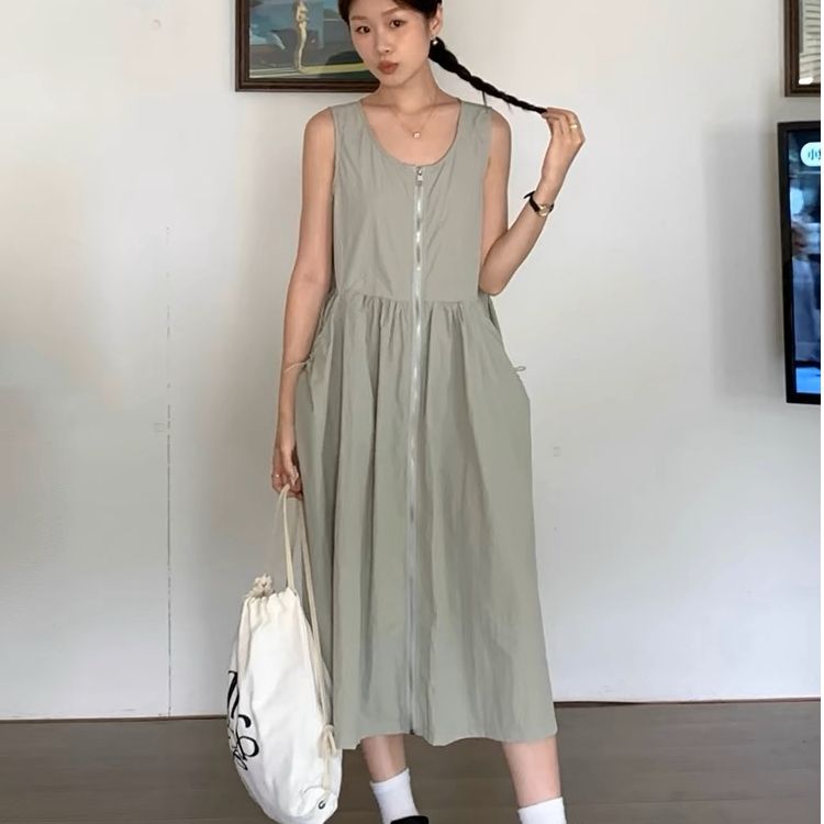 韓國chic夏季復古小眾抽繩收腰顯瘦大口袋拉鏈式工裝背心連衣裙女