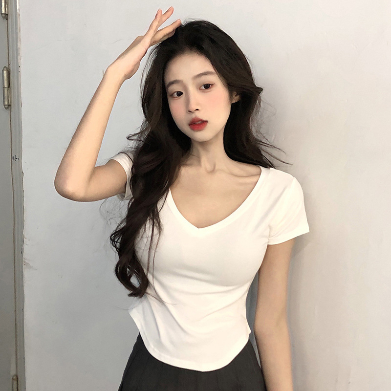 Foreign trade original pure desire V-neck short-sleeved T-shirt for women in summer slim sexy hot girls short irregular base top