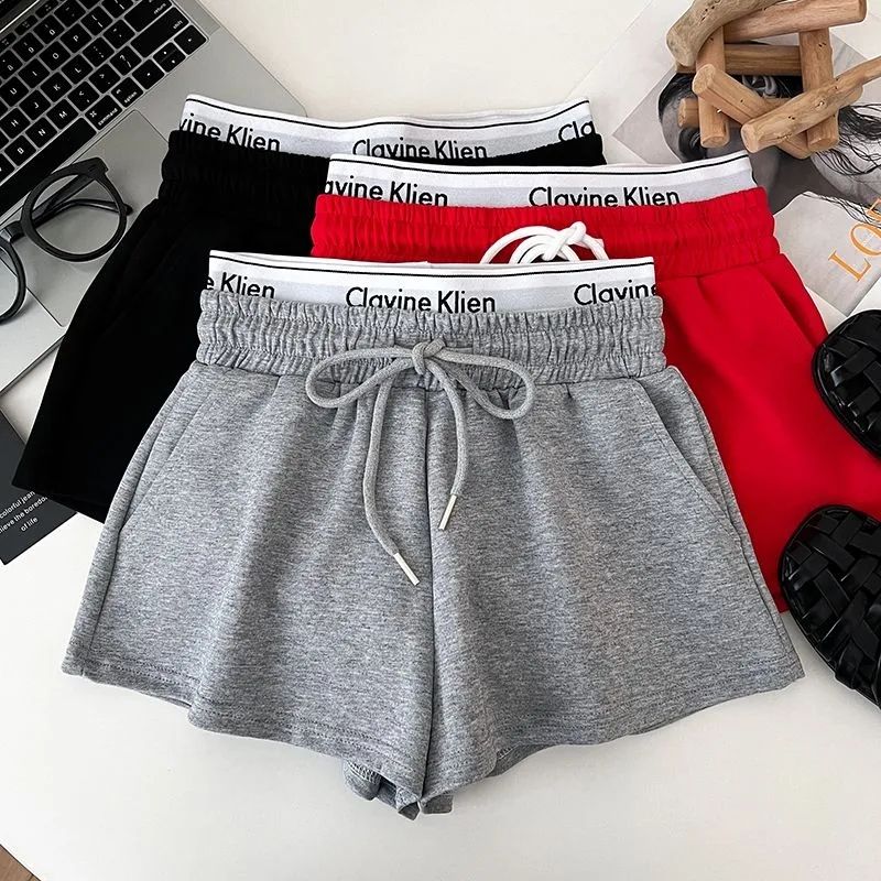 260g cotton air layer letter printing high waist slimming fake two-piece drawstring elastic shorts casual pants hot pants