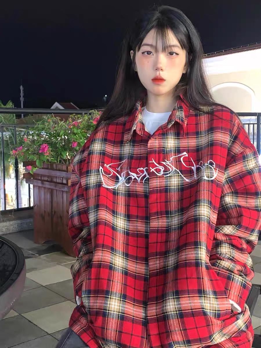 美式復古紅色刺繡格子襯衫潮牌長袖上衣hiphop高街秋襯衣外套