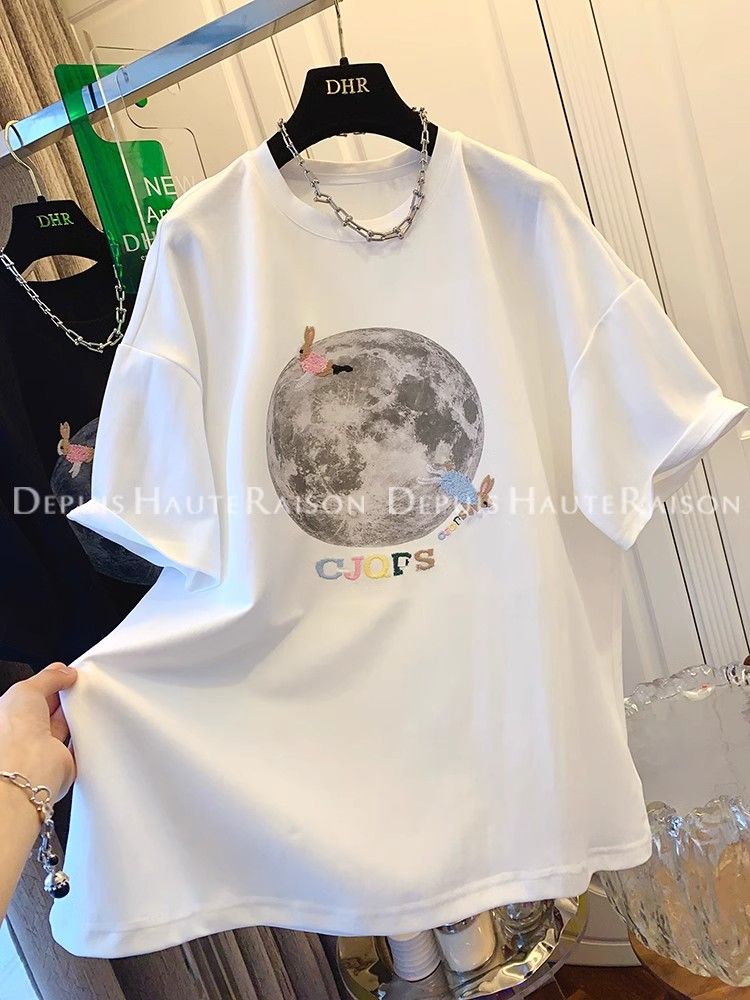 大碼300斤洋氣減齡刺繡小兔子短袖T恤寬鬆上衣女2025夏