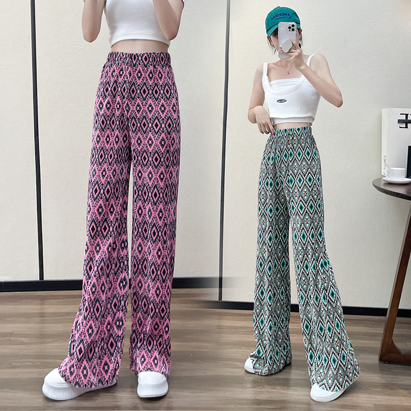 Korean foreign trade Korean version spring and summer new large-size women's water rippled wide-leg pants for women's pleated new diamond plaid pants