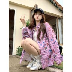 2025春季手繪塗鴉滿印格紋長袖襯衫女百搭寬鬆休閒薄款上衣外套潮