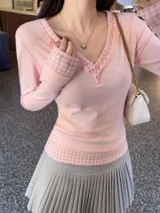 Pink V-neck Plaid Spliced ​​Fake Two-piece Long Sleeve T-shirt for Women's Spring New Slim-fit Inner and Outer Base Shirt Top
