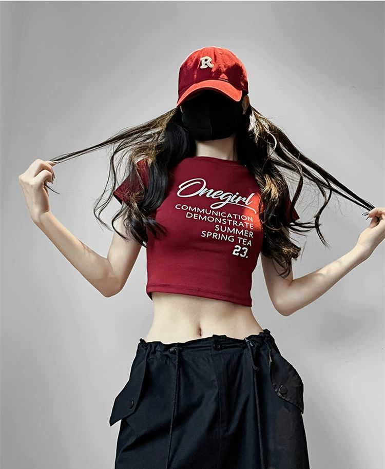 Pure cotton original foreign trade Korean version rear bag collar summer new women's round neck printed slim short T-shirt for women short sleeves